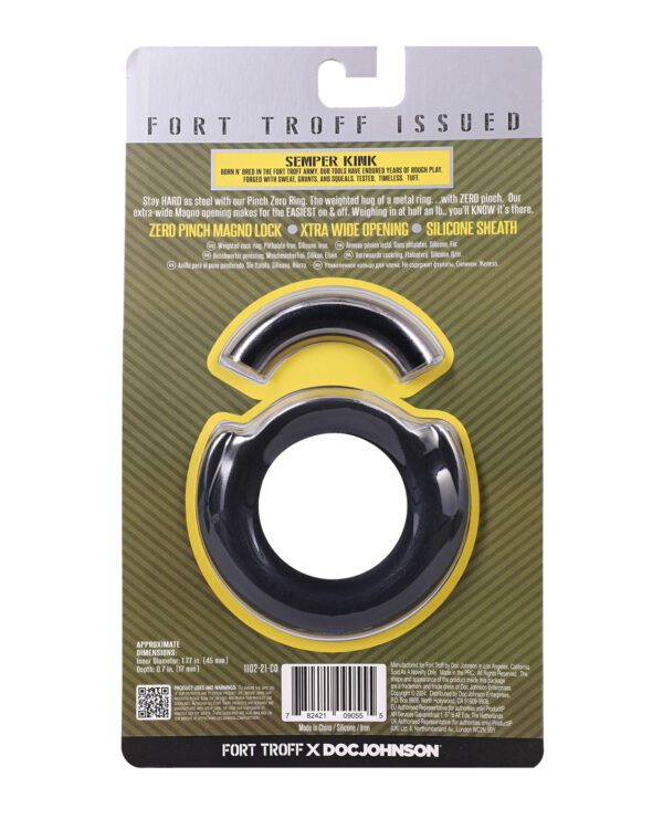 Back of a product package with a black and yellow design, featuring a Fort Troff and Doc Johnson collaboration item.