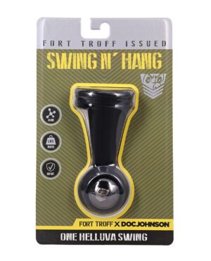 A product package displaying a Fort Troff Swing N' Hang, highlighting its silicone material and body-safe features.