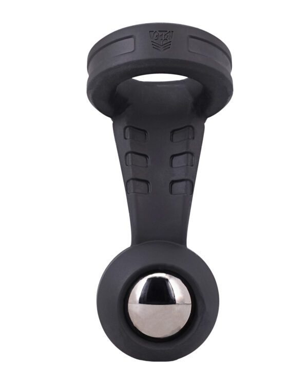 Close-up of a black kettlebell with a metallic bottom and ergonomic grip handle.