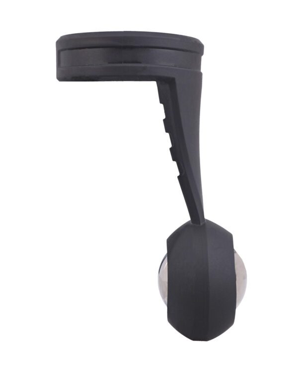 Side view of a black rubber plunger with a wooden handle isolated on a white background.