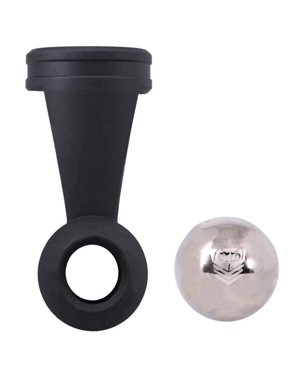 A black acoustic horn next to a shiny spherical sound reflector on a white background.