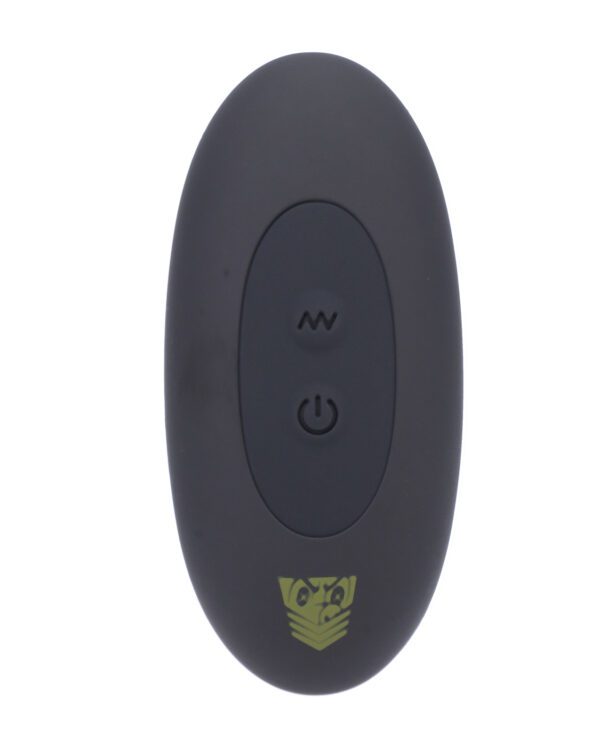 A black oval-shaped wireless remote control with symbol buttons on a white background.