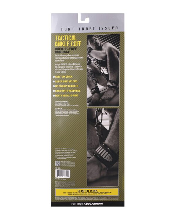 Back of a product packaging for Fort Troff tactical ankle cuffs featuring product information and a black and white image of a man's legs restrained with the cuffs.