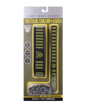 Packaging of a tactical collar and leash set for pets, featuring a black and neon design with the text 'Fort Troff Issued' and 'Buckle-Free Bondage'.