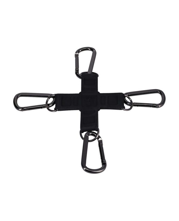 A black harness attachment with four carabiners isolated on a white background.