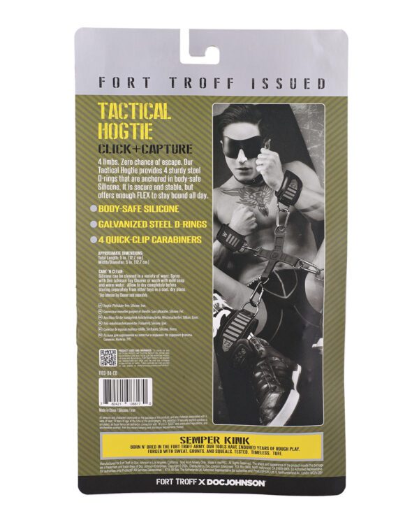 Back of the Tactical Hogtie product packaging with product features and image of a person demonstrating the use