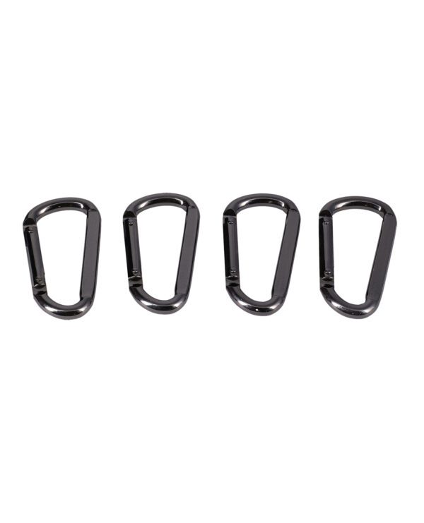 Four black carabiners aligned horizontally against a white background.