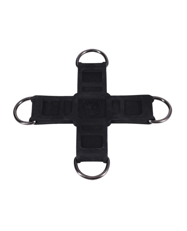 A black tactical harness accessory with multiple straps and metal D-rings on a white background