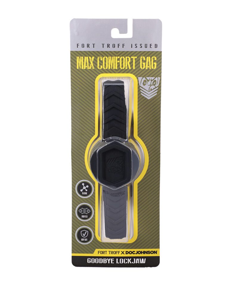 A packaged Max Comfort Gag by Fort Troff and Doc Johnson with product descriptions and logos