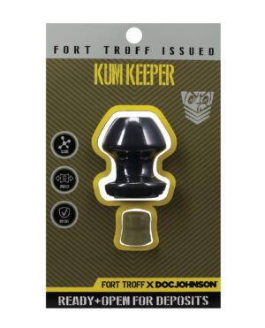 A product package with the text "Fort Troff Issued Kum Keeper" and icons indicating silicone material, ergonomic design, and body safety, with "FORT TROFF X DOCJOHNSON" branding at the bottom.