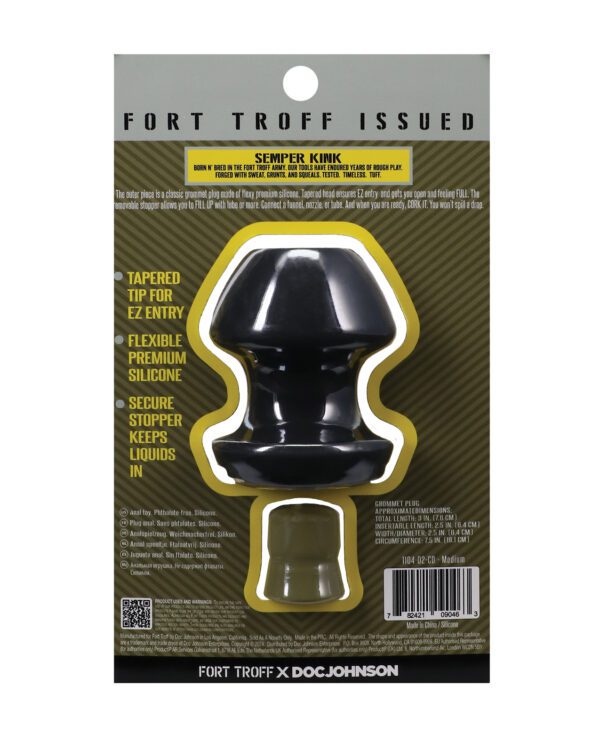 Packaging showing a black grommet plug by Fort Troff with product details and bar code.