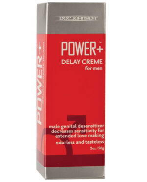 A product box of Power+ Delay Creme, designed as a male genital desensitizer to prolong intimate experiences, featuring a bold red design and clear labeling.