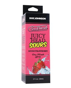 A box of GoodHead Juicy Head Sours in Sour Strawberry flavor, highlighting the product as a dry mouth spray with a strawberry and splash graphic design.