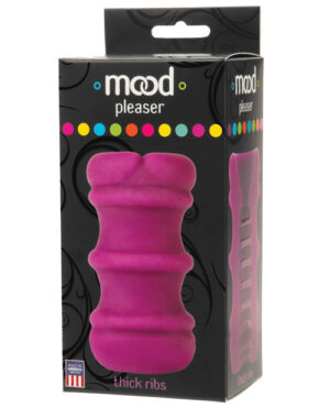 A brightly colored pink sex toy packaging with the text "mood pleaser" and "thick ribs" displayed prominently, featuring a playful design and vibrant colored dots on a black background.