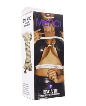 Product packaging for "Doc Johnson Merci" featuring an image of a torso bound with hemp rope, alongside a displayed hemp rope, with text detailing the product as "Bind & Tie Hemp Bondage Rope."