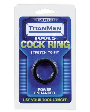 Packaging for a stretch-to-fit cock ring by TitanMen, labeled as a power enhancer and designed to extend performance.