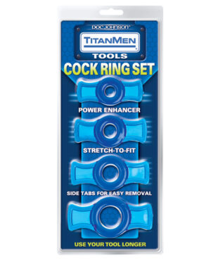 A package featuring a set of blue cock rings with labels for power enhancement, stretch-to-fit, and easy removal.