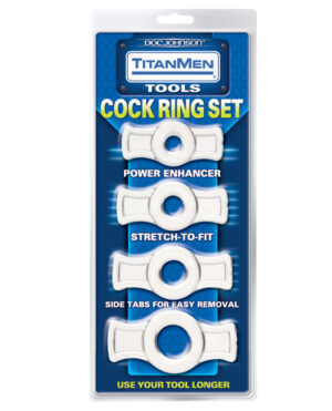 A package featuring a set of four cock rings designed for enhanced performance, including features like stretch-to-fit and easy removal tabs.