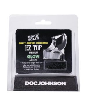 Alt text: Packaging of a Rock Solid E.Z. Top medium-size product from the Glow Series by Doc Johnson, highlighting its quality, comfort, and performance. The packaging features a clear front displaying the product, with details emphasizing its single-hand use, compatibility with cleaners, removers, and solvents, and its leak-proof design.