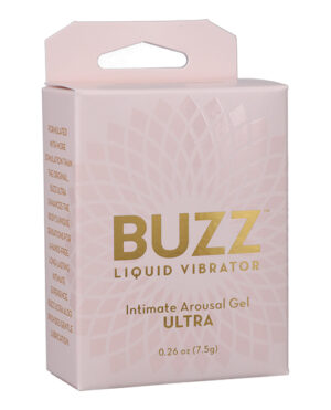 A pastel pink box with gold lettering showcasing "BUZZ LIQUID VIBRATOR" and "Intimate Arousal Gel ULTRA," highlighting its unique stimulation formula.