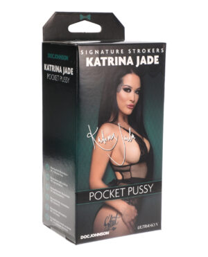 Image of the packaging for the Katrina Jade Pocket Pussy, featuring a model dressed in lingerie with a seductive pose, showcasing the product branding and details.