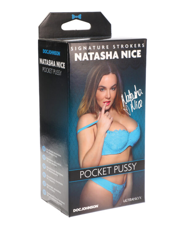 Packaging for Natasha Nice Pocket Pussy by Doc Johnson featuring an image of the model and product details.