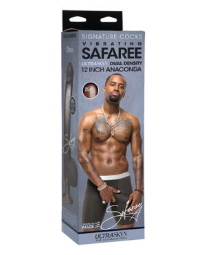 Packaging for the Safaree Vibrating Anaconda, featuring a muscular model, showcasing a 12-inch dual density male enhancement product.