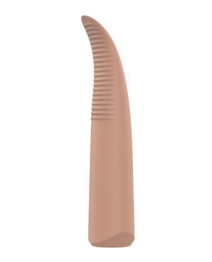 A computer-generated image of a beige, vertical, curved structure with a serrated edge on its concave side.