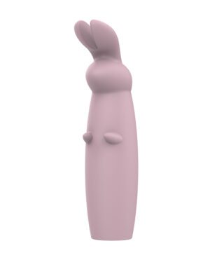 A 3D rendering of a stylized, minimalistic pink bunny-shaped bottle or container with a closed top that resembles bunny ears.