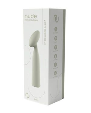 Product packaging for "nude mini wand vibrator" with the brand logo and product features displayed, including icons for its 10 vibration modes, 1-hour charger, portability, waterproof design, and hypoallergenic materials. The box is primarily white with a gray depiction of the vibrator.