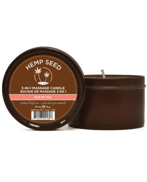 A brown tin candle labeled "Hemp Seed 3-in-1 Massage Candle" with a natural body care focus, featuring a small flame and a simple design.