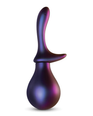 A sleek, purple-hued vibrating device with an ergonomic design, showcasing smooth curves and a glossy finish.