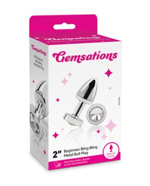 Package of Gemsations 2" Beginner's Bling Bling Metal Butt Plug with gem base on a white background.