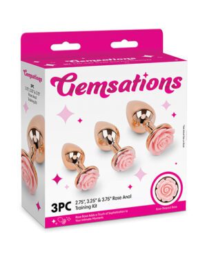 A product box for Gemsations featuring a 3-piece rose anal training kit with rose-shaped bases in increasing sizes.