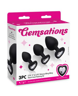 Photo of a product packaging for Gemsations 3-Piece Silicone Bling Bling Heart Anal Training Kit.