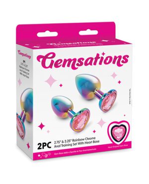 Product packaging for GemSations 2-piece anal training set with rainbow chrome finish and heart-shaped base.