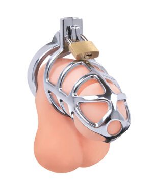 A surreal art piece featuring a heart-shaped grenade adorned with a polished metal cage design and secured with a padlock.