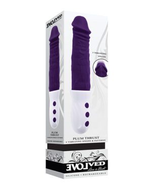 Alt text: "Packaging for the Evolved Plum Thrust, a purple silicone personal device with thrusting speeds and vibrating patterns, displayed alongside its product image."