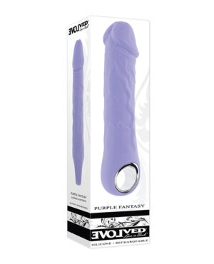 A lavender silicone vibrator with a realistic design, packaged in a sleek box, highlighting its rechargeable and body-safe features.