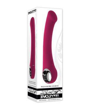 Product packaging for an "Evolved Pleasure Curve" personal device, showcasing the item and its box. The device is pink with a curved shape, and the box is white with the "Evolved" brand name and product information.