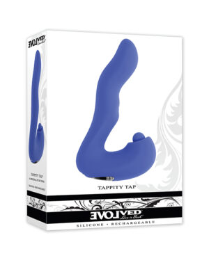 A product packaging for a blue silicone rechargeable device by Evolved with the name "Tappity Tap" on it.