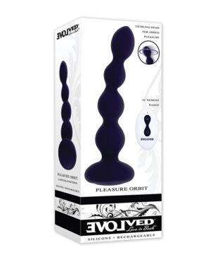 Product packaging for "Pleasure Orbit" by Evolved, featuring a rechargeable silicone personal massager with a twirling head, and a remote control with a 20' range.