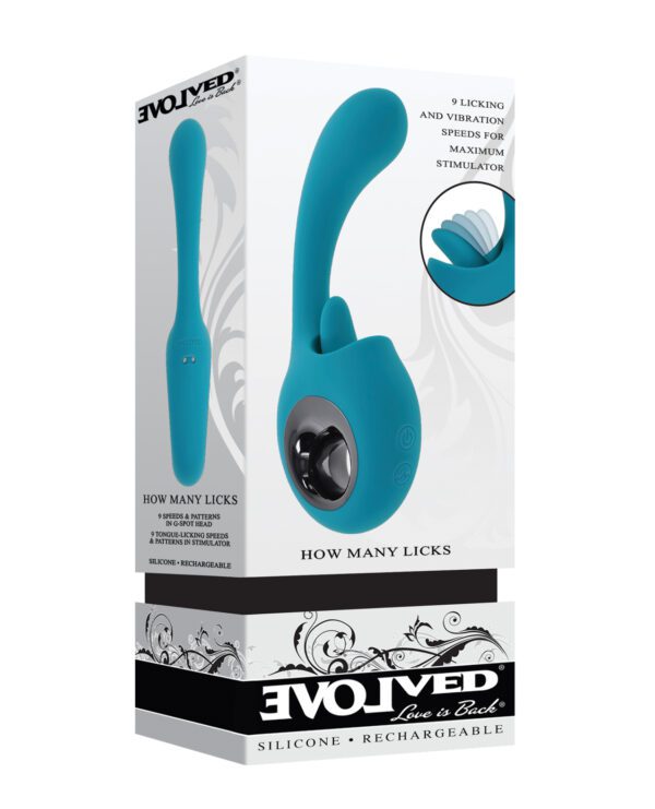 A teal Evolved "How Many Licks" personal device alongside its packaging, highlighting various features such as 9 licking and vibration speeds.