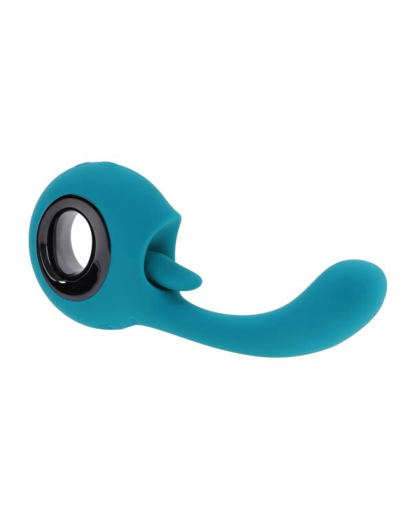 A turquoise handheld massage tool with a spherical pivot head and ergonomic handle on a white background.