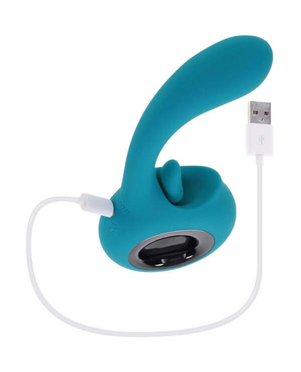 Blue rechargeable electronic device with USB cable on white background