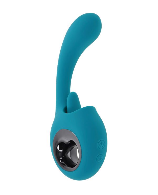 A teal-colored personal massage device with a curved shape and a button interface on an isolated white background.