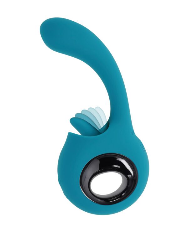 A close-up image of a blue silicone personal massager with a curved shape and a circular handle on a white background.