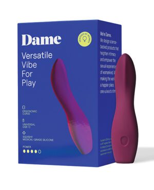 Product packaging for a Dame versatile vibrator with a detailed description and product image on a blue background.