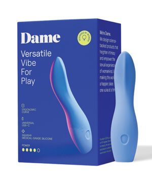 A blue product box advertising a "Dame Versatile Vibe For Play" with ergonomic design and features listed on the front, along with a silicone product shown beside the packaging.