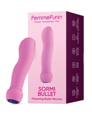 A pink Sormi Bullet vibrator by FemmeFun next to its packaging which highlights the product features such as power, innovation, and fun.